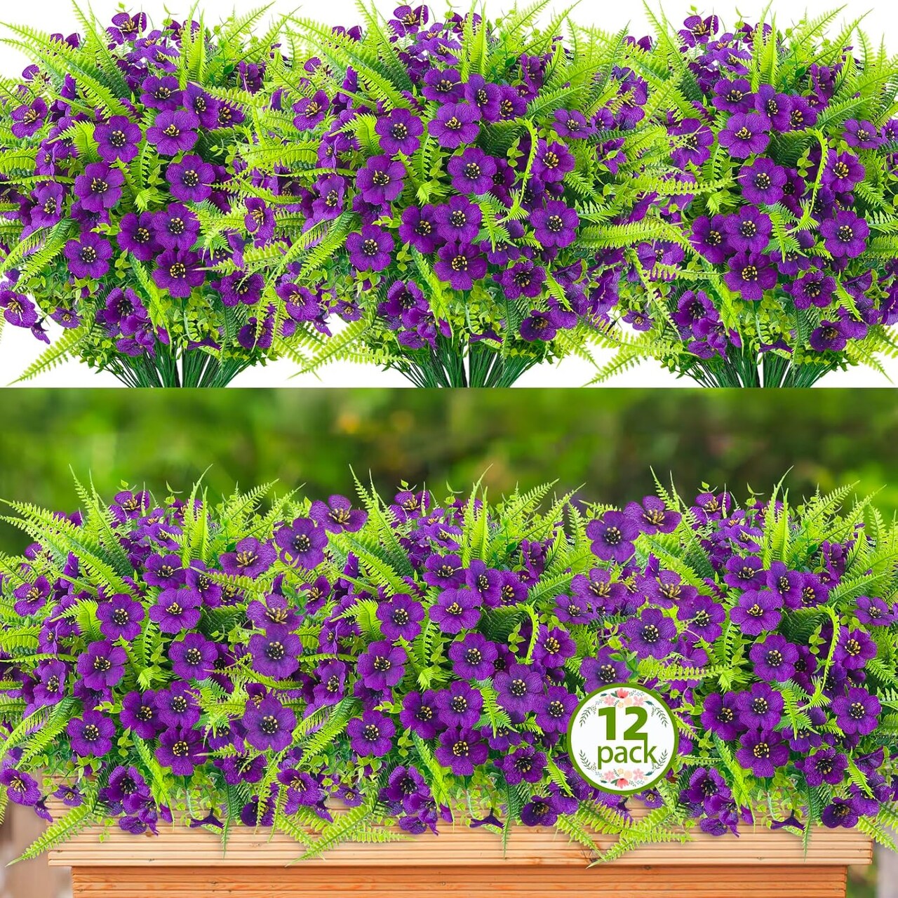 12-Bundle Artificial Outdoor Flowers – UV-Resistant Faux Eucalyptus Plants for Spring Garden, Hanging Planters, Vases, and Home Decor (Purple)